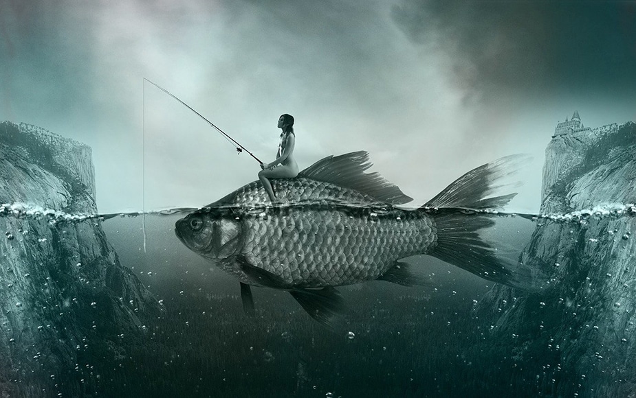 conceptual photo of woman sitting on fish