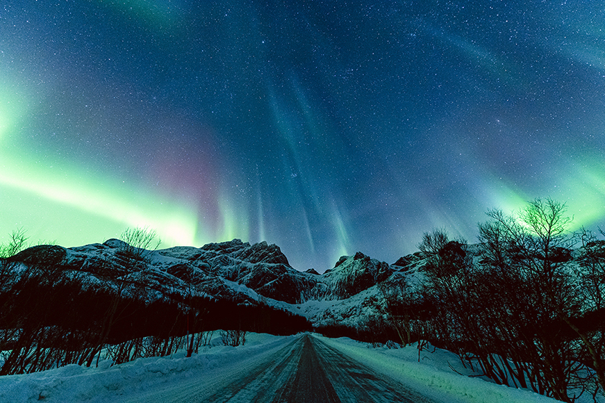The aurora borealis over a snowy road in norway.