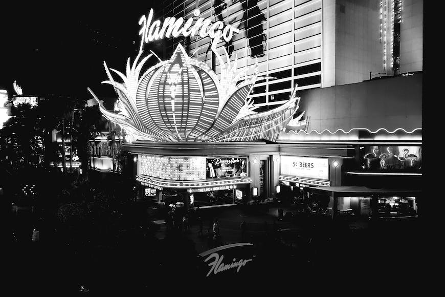 A black and white photo of the las vegas sign.