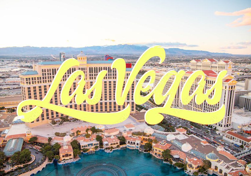 An aerial view of las vegas with the word las written in yellow.