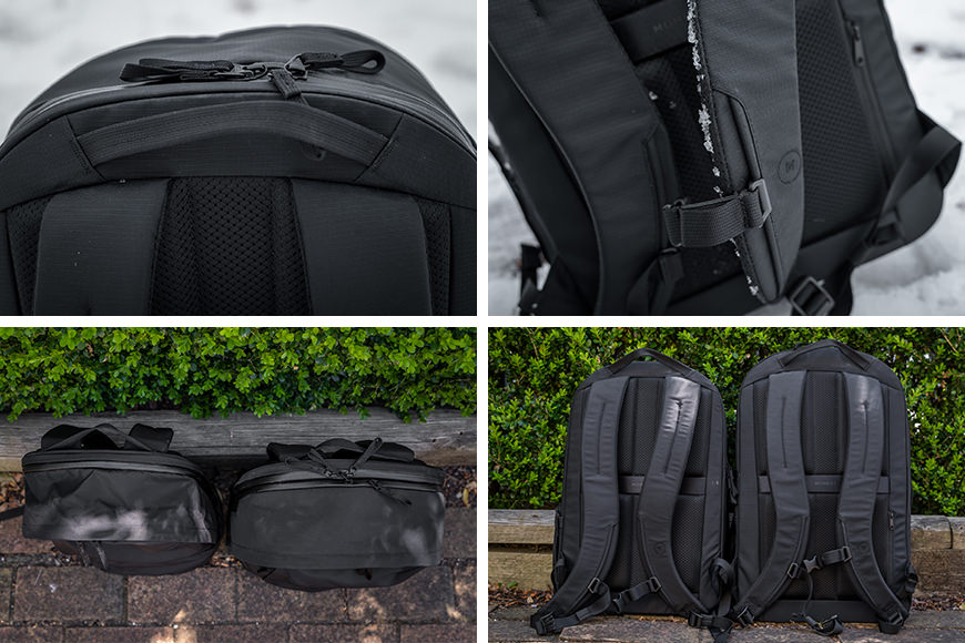 Four pictures of a black backpack with different compartments.