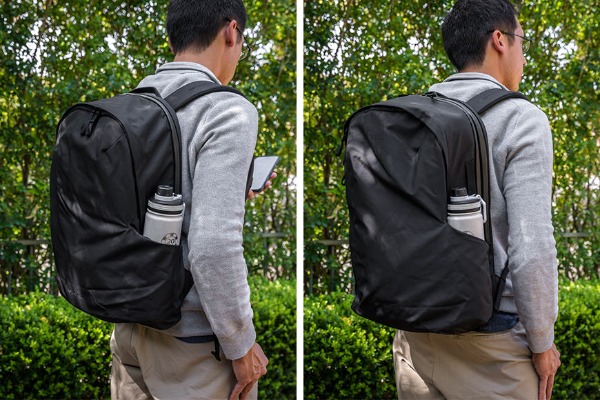 Two pictures of a man carrying a black backpack.