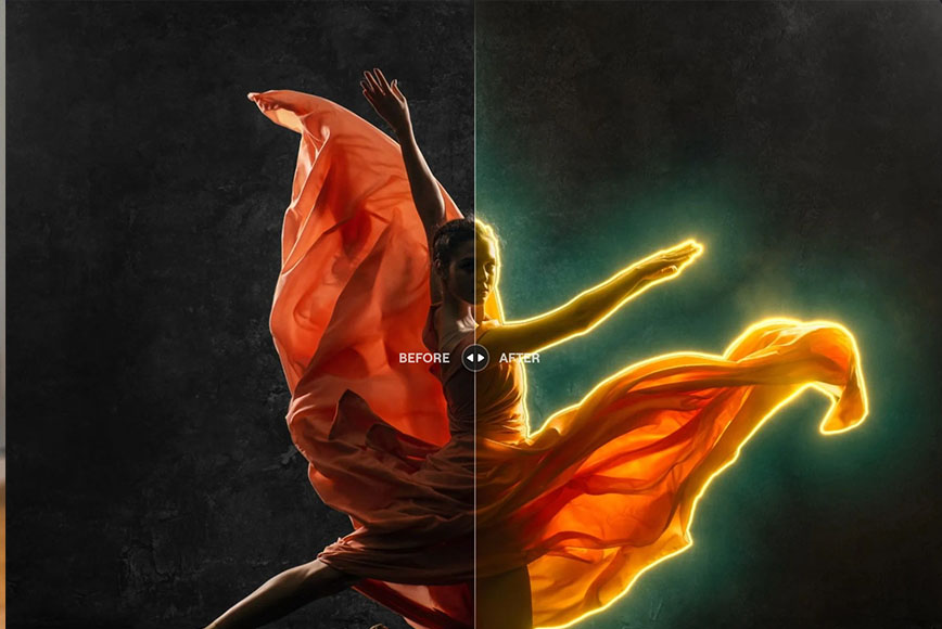 A photo of a dancer with an orange dress on a black background.