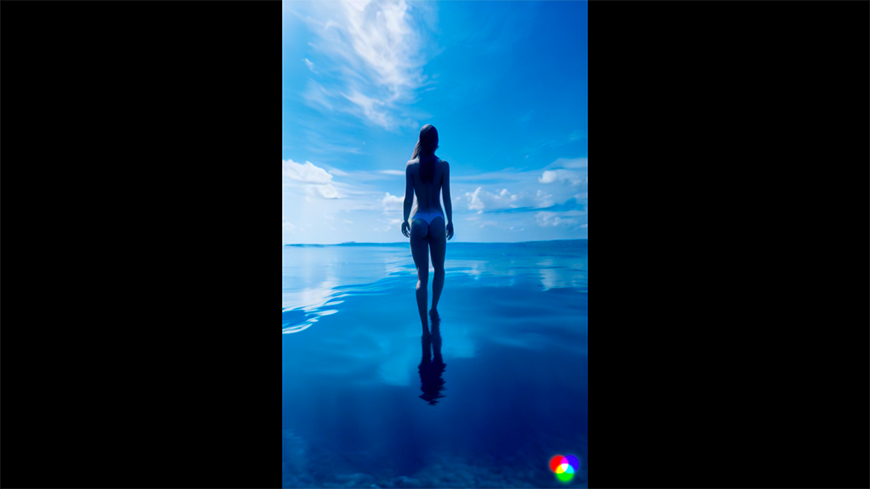 A woman is standing in the water on a blue background.