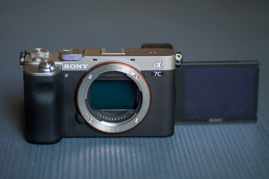 sony a7c compact mirrorless camera on desk