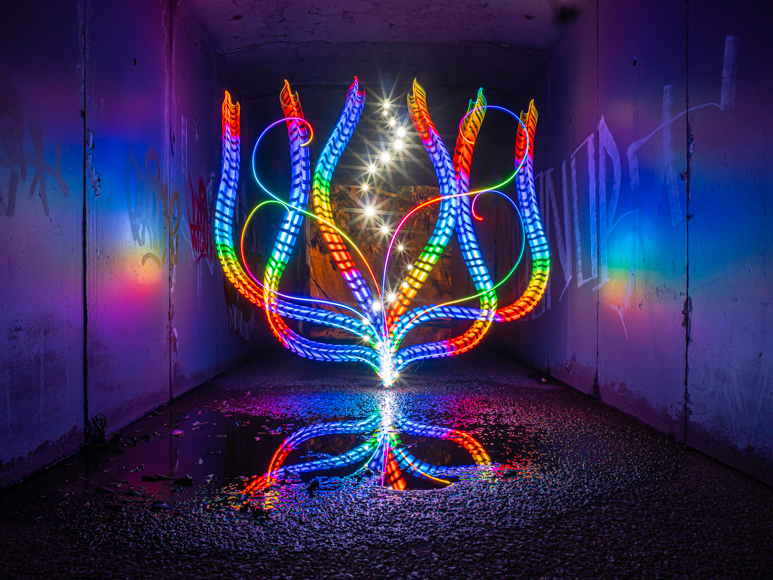 A light sculpture in a tunnel.