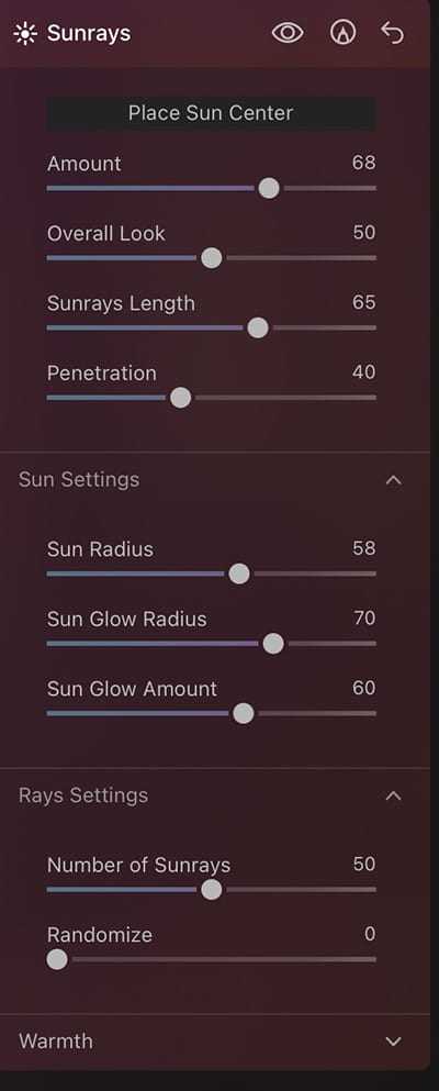 Where is options to control the look of the sunrays